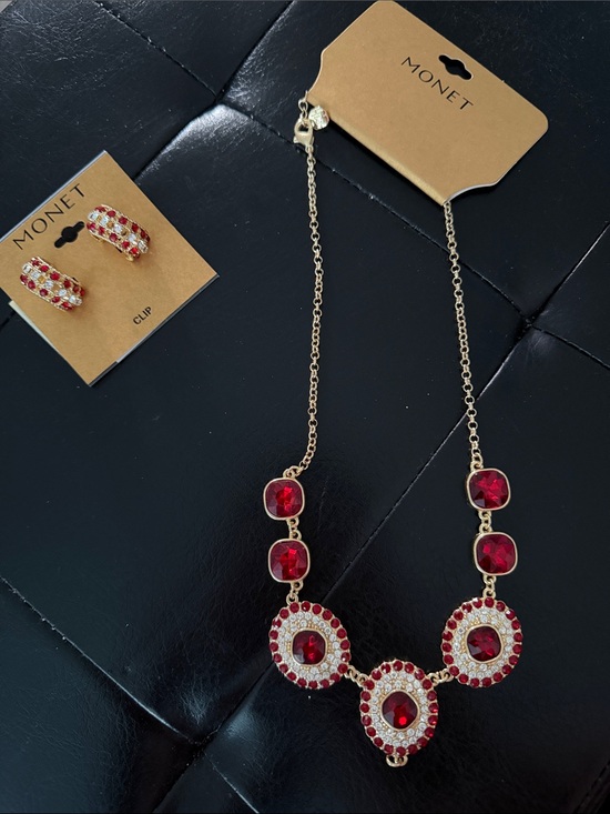 Monet Jewelry - Monet Gold-Tone Necklace and Clip-On Earrings with Red Crystals